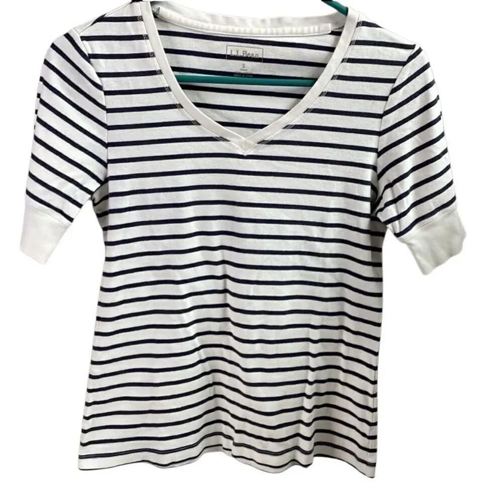 L.L. Bean Womens Pullover Striped VNeck Top Size Small Nautical Blue and White